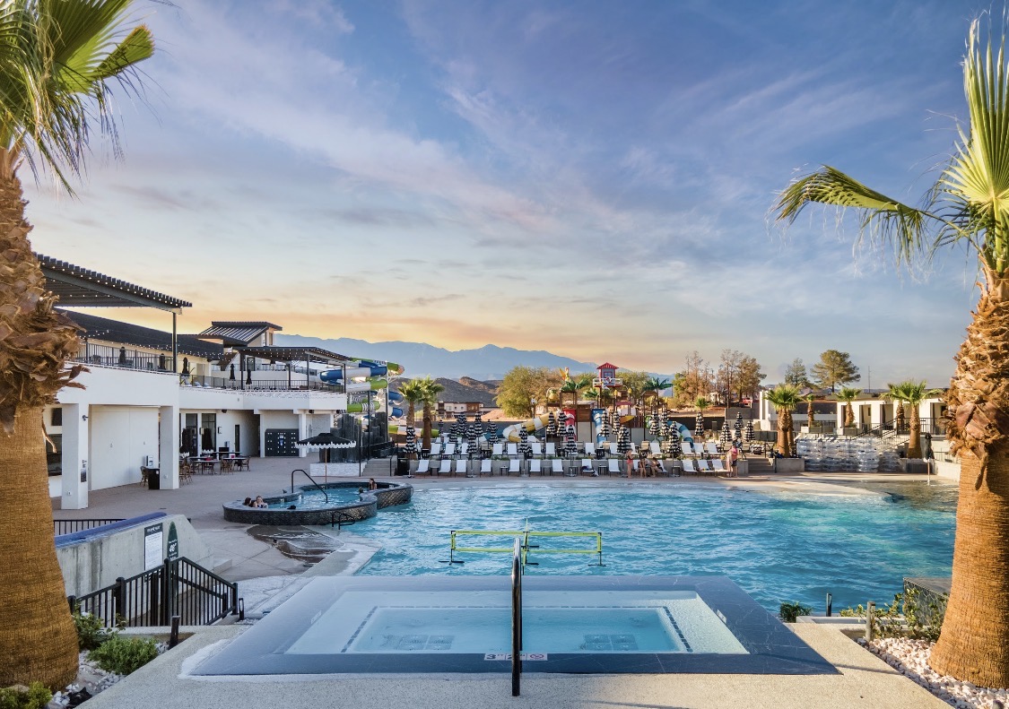 Pecan Valley Resort pool at sunset